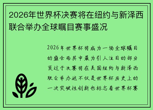 2026年世界杯决赛将在纽约与新泽西联合举办全球瞩目赛事盛况