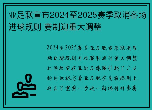 亚足联宣布2024至2025赛季取消客场进球规则 赛制迎重大调整