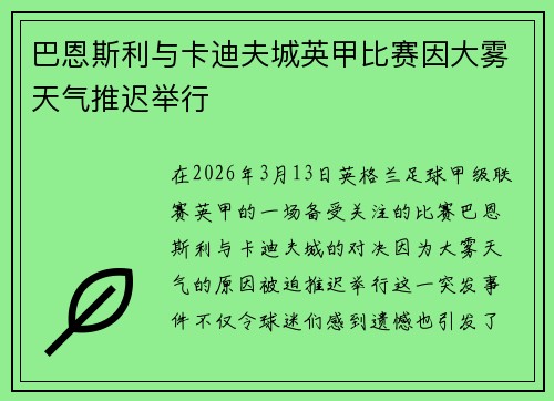 巴恩斯利与卡迪夫城英甲比赛因大雾天气推迟举行 巴恩斯利与卡迪夫城英甲比赛因大雾天气推迟举行